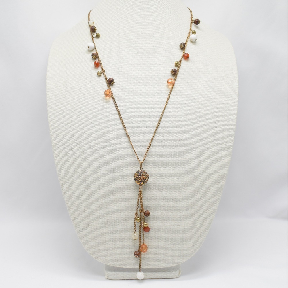Boho Beaded Tassel Y-Necklace Disco Ball Drop Bronze Tone Faceted Glass Acrylic